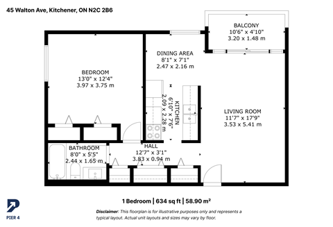 Floor plan for 1 bed, 1 bath, 608 sqft